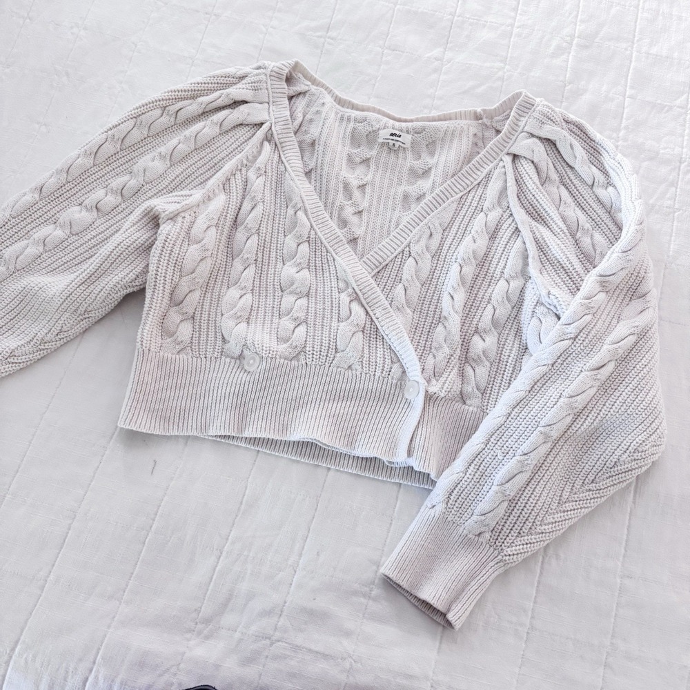 Aerie Cable Knit Cropped Wrap Sweater XL Cream V Neck 100% Cotton Ivory